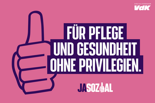 Motiv der VdK-Aktion Jasozial: Grafik in rosa und lila. Zu sehen ist eine Hand, die das "Daumen hoch"-Zeichen macht, und der Schriftzug "Für Pflege und Gesundheit ohne Privilgien"