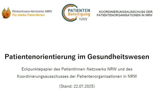 Screenshot des Deckblatts des Eckpunktepapiers mit Logo des PatientInnen-Netzwerks, der Patientenbeteiligung NRW und dem Titel Patientenorientierung im Gesundheitswesen 