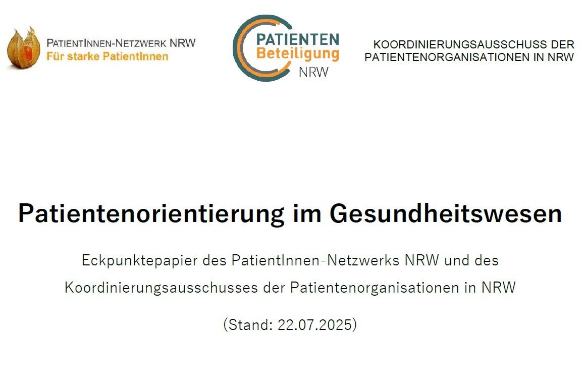 Screenshot des Deckblatts des Eckpunktepapiers mit Logo des PatientInnen-Netzwerks, der Patientenbeteiligung NRW und dem Titel Patientenorientierung im Gesundheitswesen 