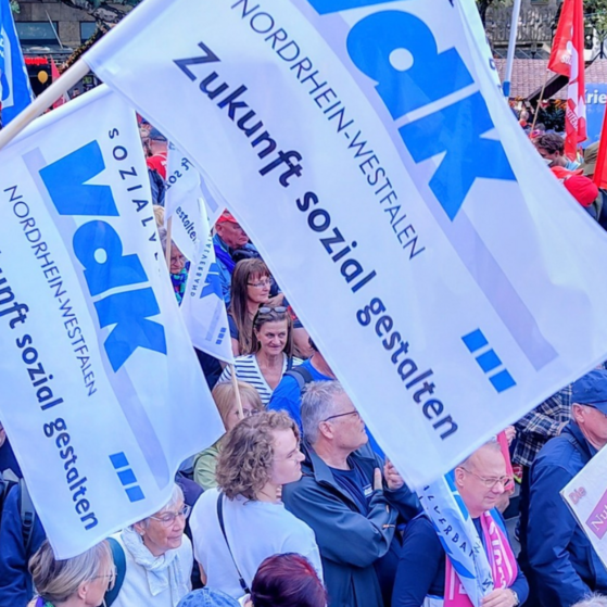 VdK-Fahnen im Vordergrund, viele Demonstranten im Hintergrund