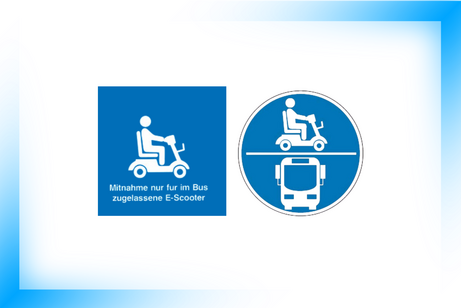 Zwei Piktogramme in wei&szlig; auf blauem Grund. Rechts ein E-Scooter, links eine Kombi aus E-Sooter oben und Bus-Piktogramm unten.
