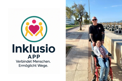 Collage. Links das Logo der Inklusio-App, rechts ein Foto von Christian Wendt, der seine Tochter im Rollstuhl eine Promenade am Meer entlangschiebt. 