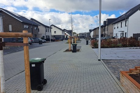 Stra&szlig;e im Neubaugebiet. Reihenh&auml;user und gepflasterter Gehweg. Derzeit noch ohne Briefkasten.