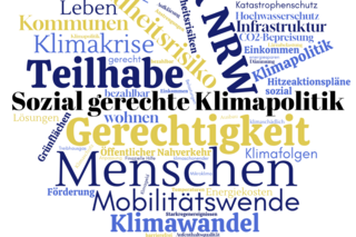 Wortwolke mit lauter Begriffen zu Klimawandel, Klimapolitik und sozialer Gerechtigkeit in blauer, hellblauer und gelber Schrift.