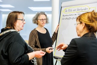 Drei Frauen stehen vor einem Flipchart.