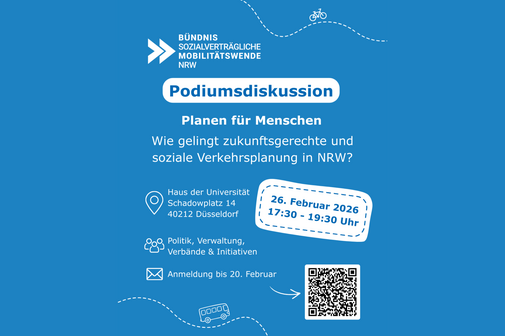 Bildkachel mit wei&szlig;er Schirft auf blauem Grund: Podiumsdiskussion. Planen f&uuml;r Menschen. Wie gelingt zukunftsgerechte und soziale Verkehrsplanung in NRW?