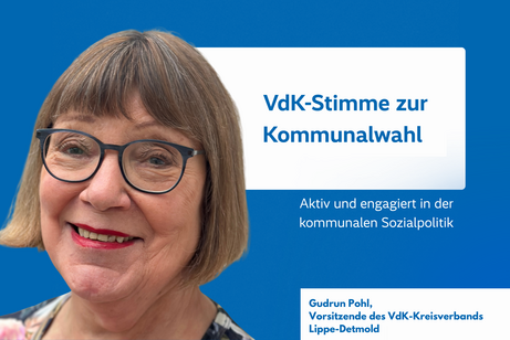 Porträt von Gudrun Pohl, einer Frau mit grauem Pagenschnitt und freundlichem Lächeln, daneben Text: VdK-Stimme zur Kommunalwahl – Aktiv und engagiert in der kommunalen Sozialpolitik, darunter Name und Funktion: Gudrun Pohl, Vorsitzende des Kreisverbands Lippe-Detmold.