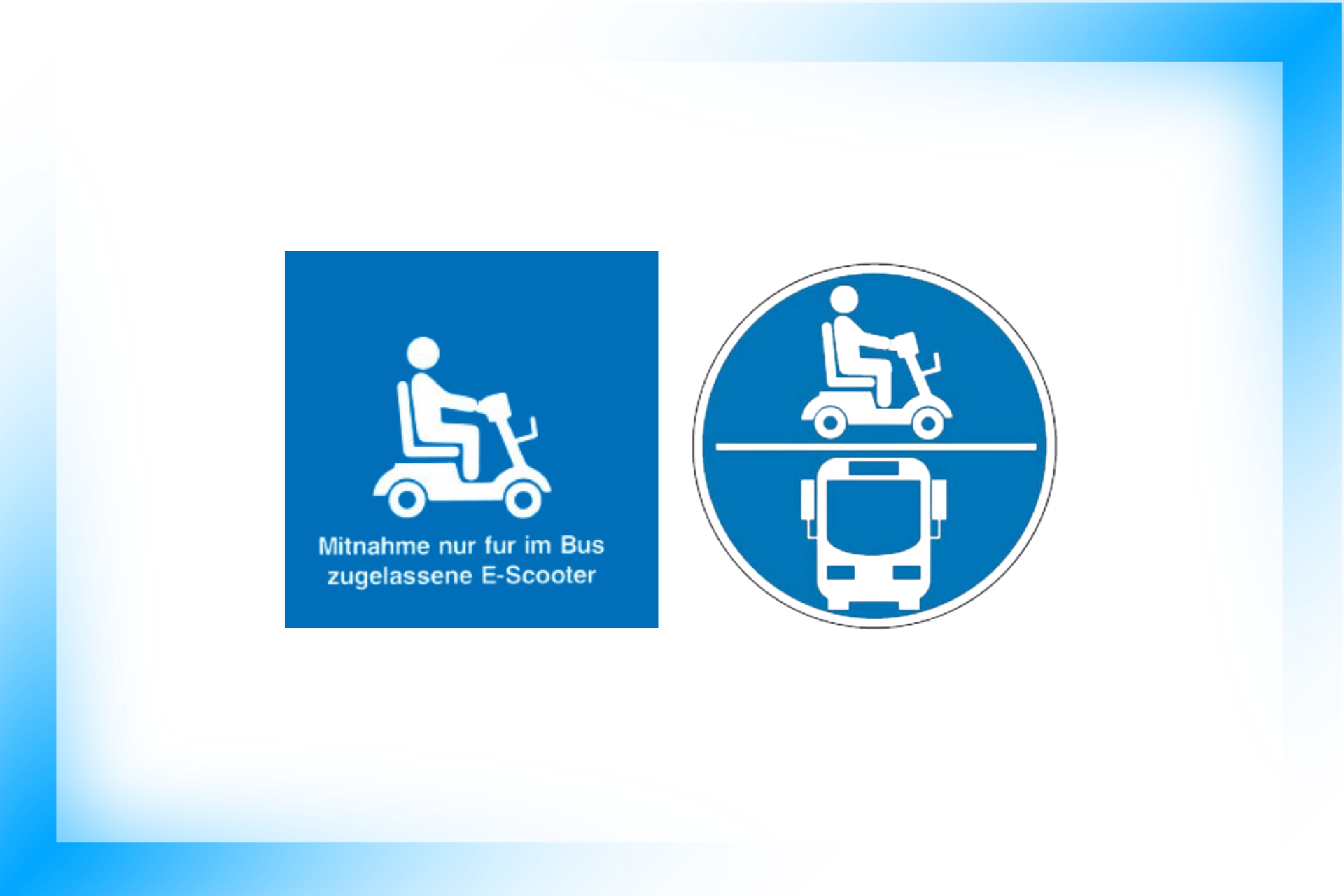 Zwei Piktogramme in wei&szlig; auf blauem Grund. Rechts ein E-Scooter, links eine Kombi aus E-Sooter oben und Bus-Piktogramm unten.