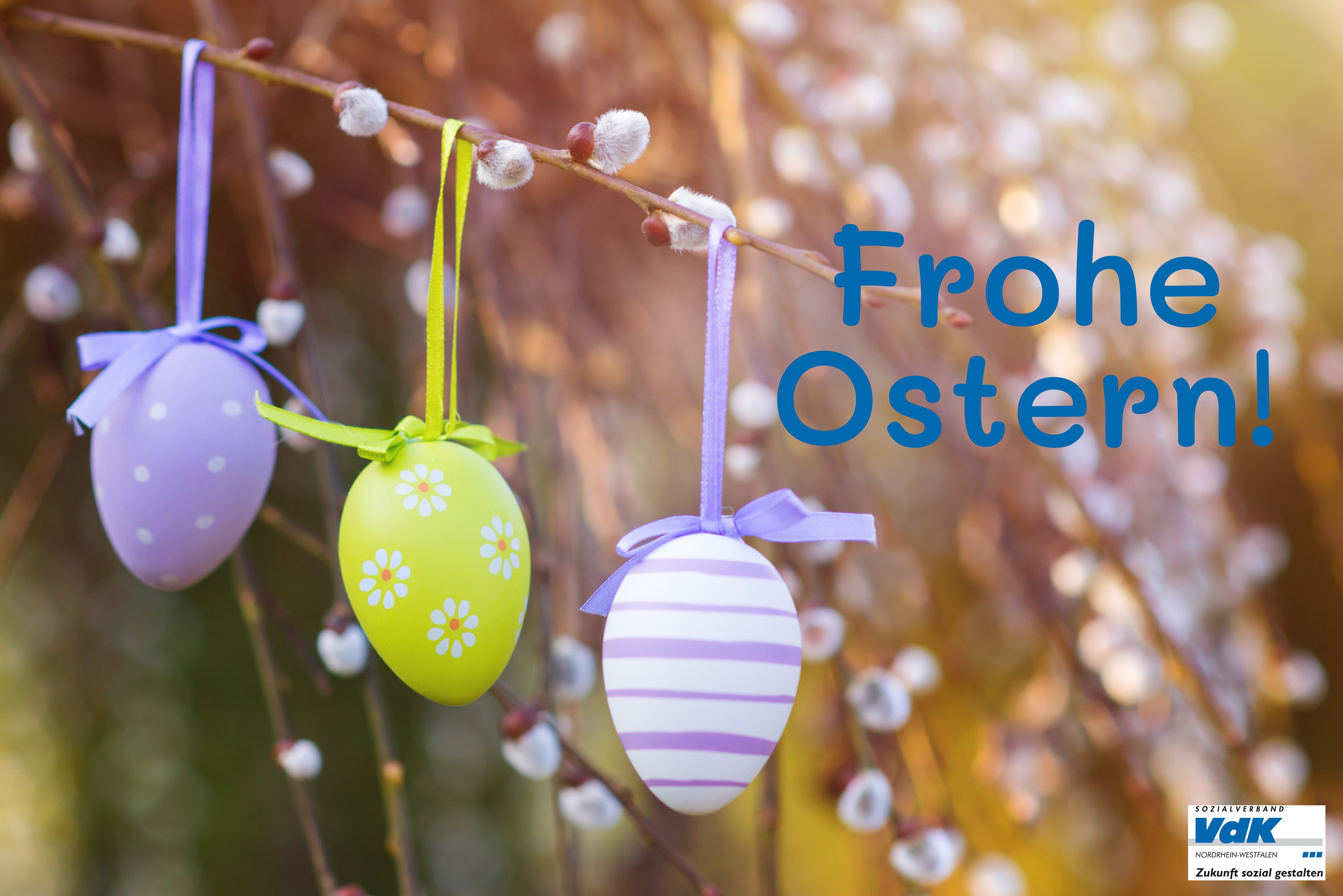 Zwei lilafarbene und ein gr&uuml;nes Ei h&auml;ngen an einem Weidenk&auml;tzchen-Zweig. In blauer Schrift daneben: Frohe Ostern. Unten rechts das VdK-Logo.