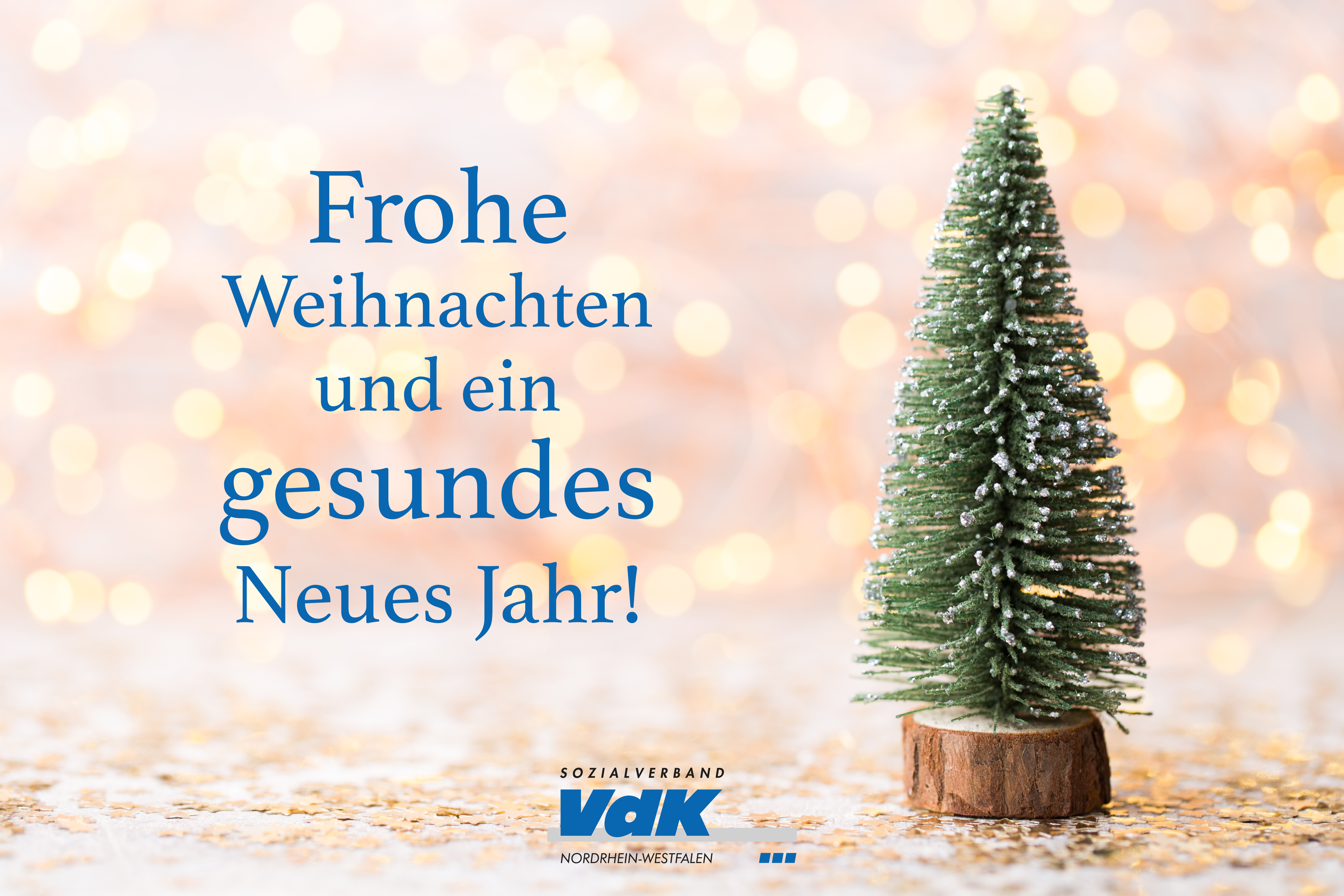 Kleiner Tannenbaum aus Draht und Holz. Daneben in blauer Schrift: Frohe Weihnachten und ein gesundes neues Jahr und das Logo des VdK NRW.