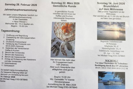 Gem&uuml;tliche Runde am 22.03.2026 um 15.00 Uhr im Vereinsheim des TVVoerde, und am 14.06 2026 Fahrt zum M&ouml;hnesee mit Schifffahrt. Dauer der Schifffahrt ca. 3 Std..Einladung folgt!
