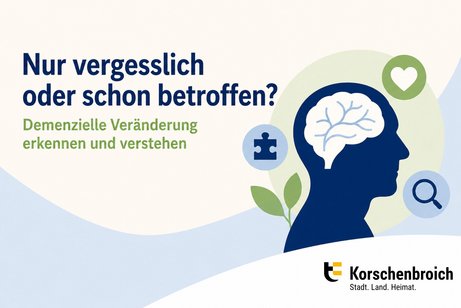 Grafik mit der &Uuml;berschrift &bdquo;Nur vergesslich oder schon betroffen?&ldquo; und dem Untertitel zu demenziellen Ver&auml;nderungen, stilisierte Kopf-Silhouette mit Gehirn-Icon sowie Symbolen f&uuml;r Gesundheit und Analyse