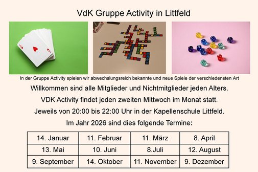 VdK Gruppe Activity in Littfeld Drei Bilder, Kartenstapel, buntes Legespiel und Würfel