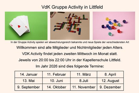 Drei Bilder, Kartenstapel, buntes Legespiel und W&uuml;rfel