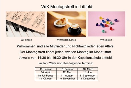 Drei Bilder Noten, Kaffeetasse und Würfel