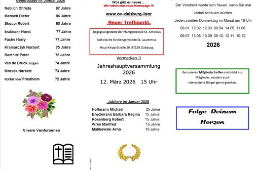 Flyer mit Geburtstage und Jubilare Januar 2026