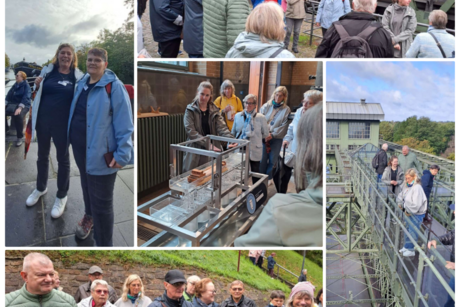 Mitglieder bei der Führung im Schiffshebewerk Hier ist ein e Bildcollage aus 5 Bildern, diese zeigen Mitglieder bei der Führung durch das Schiffshebewerk