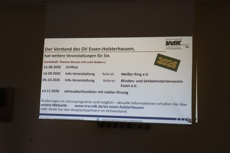 Jahreshauptversammlung 2026 Bild einer Präsentation mit geplanten Veranstaltungen in diesem Jahr.