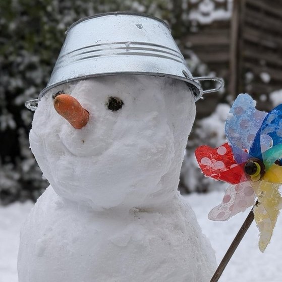Ein Schneemann mit M&ouml;hrennase, Metallsch&uuml;sselhut und buntem Windrad vor verschneiter Landschaft.