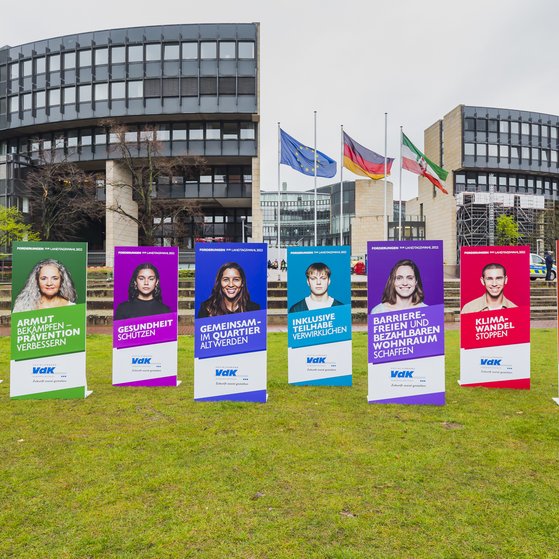 Bunte Demo-Plakate mit VdK-Logo und verschiedenen Forderungen, z.B. für Barrierefreiheit und Bekämpfung der Armut sind auf einer Wiese vor dem Landtagsgebäude in Düsseldorf aufgestellt.
