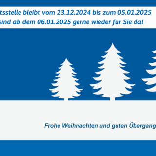 Weihnachtsgruß mit VdK-Logo und drei weißen Tannenbäumen auf blauem Grund und den Schließzeiten der Kreisgeschäftsstelle vom 23.12.2024 bis zum 5.1.2025