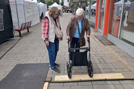 Eine Frau versucht mit Hilfe eines Rollators ein Hindernis zu überwinden.