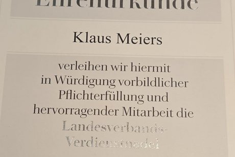 Urkunde Die Urkunde für Kaus Meiers.