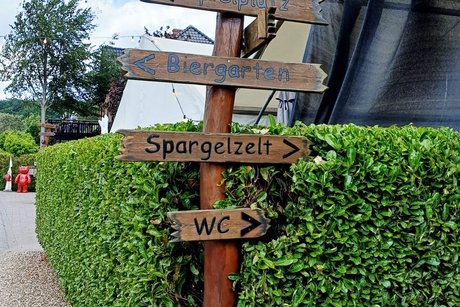 Schilder Schilder an einem Stamm weisen auf verschiedene Orte auf dem Gelände hin.