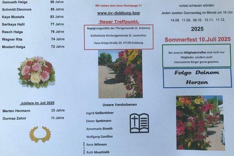 Flyer mit Geburtstage und Jubilare Juli 2025