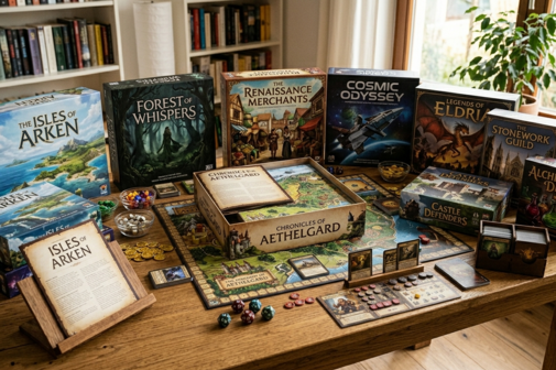 Ein Tisch mit vielen Spielen zur AuswahlKi generiert