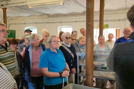 Die interessierten VdK-Mitglieder stehen hier in der Gruppe und lassen sich von Ludwig Hengemann ausführlich die Verarbeitung des Spargels erklären.