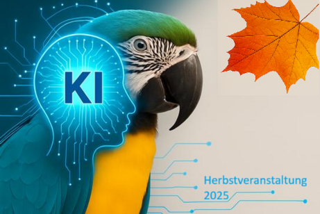 Links dargestellt: Papagei trifft Künstliche Intelligenz. Rechts Herbstblatt für Herbstveranstaltung 2025.