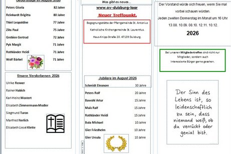 Flyer mit Geburtstage und Jubilare August 2026 und Infos.