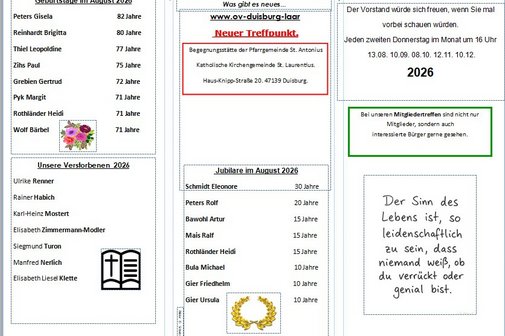 VdK Flyer August 2026 Flyer mit Geburtstage und Jubilare August 2026 und Infos.