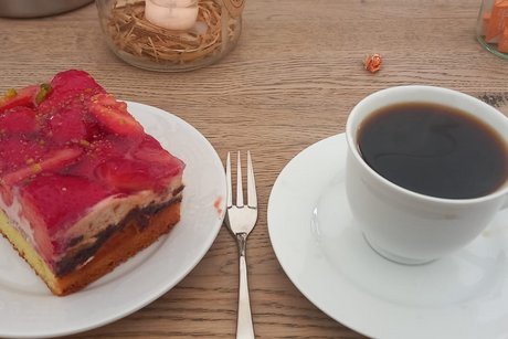 Ein St&uuml;ck Kuchen und eine Tasse Kaffee.
