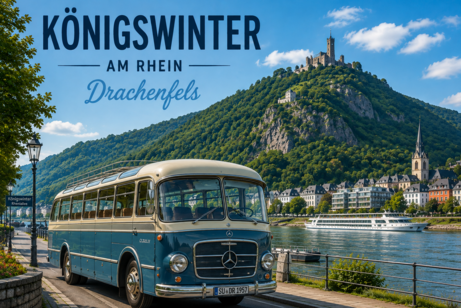 Bild mit altem Bus am Rhein gegen&uuml;ber K&ouml;nigswinter