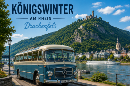 Bild mit altem Bus am Rhein gegen&uuml;ber K&ouml;nigswinter