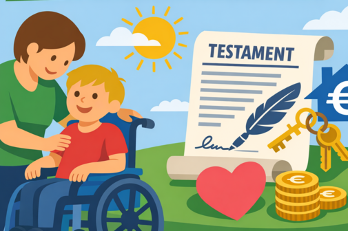Grafik Kind im Rollstuhl mit Mutter und Testament