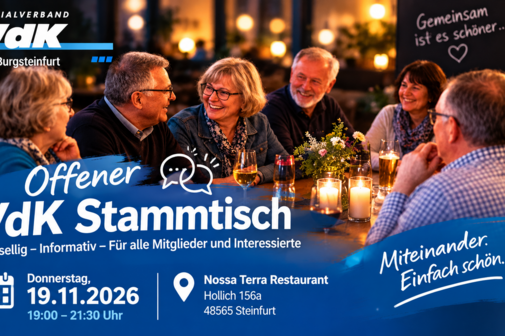 Offener Stammtisch VdK-OV Burgsteinfurt Offener Stammtisch des VdK-Ortsverbands Burgsteinfurt am Do., 19.11.26