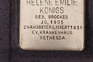 Auf dem Stolperstein steht hier wohnte Helena Emilie Königs geborene Brockes Jahrgang 1905 zwangssterilisiert 1935 im evangelischen Krankenhaus Bethesda