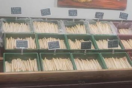 Unterschiedlicher Spargel ist in grünen Kisten entlang einer Wand aufgestapelt.