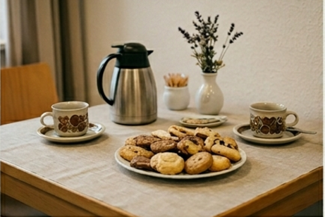 Tisch mit Pl&auml;tzchen und Kaffee Ki generiert