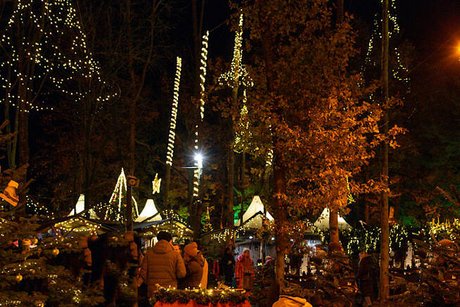 In der Bildmitte steht ein weihnachtlich mit Geschenken und Lichterketten dekorierter Pferdeschlitten. Rundherum leuchten weitere Lichterketten und Lampen an den Bäumen und Weihnachtsmarktbuden darunter.