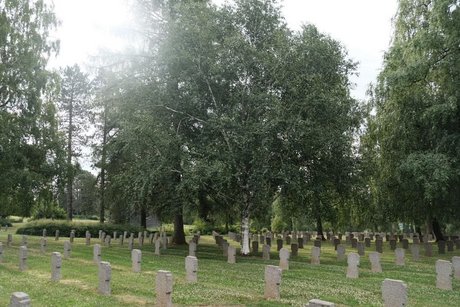 Reihen von Steinkreuzen stehen auf Rasen vor B&auml;umen.