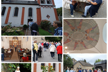 Hier sieht man unsere Mitglieder des VdK D&uuml;sseldorf OV Bilk bei der Besichtigung einer kleinen Kirche auf dem Gel&auml;nde. Man sieht wie die Mitglieder der F&uuml;hrung Zuh&ouml;ren in der Kapelle und &uuml;ber die Wege zu den einzelnen Stationen der F&uuml;hrung laufen.