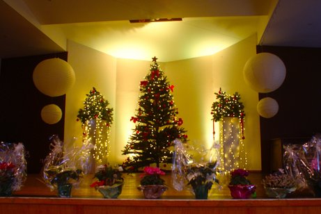 Die weihnachtlich geschm&uuml;ckte B&uuml;hne im Saal R&ouml;ttgen.