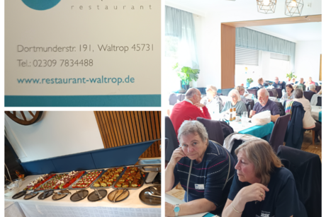 Griechisches Restaurant in Waltrop Hier sieht man unsere Mitglieder an Tischen sitzen bevor das Essen anfängt. Ein tiel des Buffet ist aufgebaut mit Latten mit Salat und kalten Vorspeisen, eine Visitenkarte des Restaurants iNOS