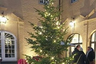 In einer Ecke des Schlosshofes sorgt ein circa vier Meter hoher, mit Lichterketten geschmückter Tannenbaum für weihnachtlichen Glanz.