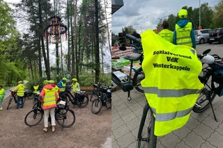 Zwei Bilder: einmal von einer Gruppe Radfahrer, die in neongelben Westen neben ihren Rädern stehen, einmal eine Großaufnahme der neuen Sicherheitsweste mit Aufdruck Sozialverband VdK Westerkappeln.