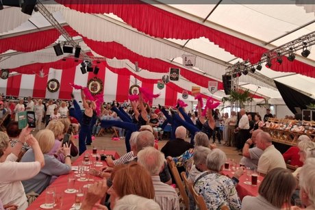 Man sieht ein sch&ouml;n geschm&uuml;cktes Zelt in Rot/Weiss, viele Menschen die bei einer Tanzgruppe zuschauen. Es wird geklatscht und gefilmt.